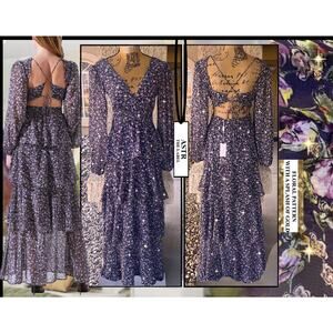Astr the Label Anora Purple Floral Splash of Gold Long Sleeve Maxi Dress Size S